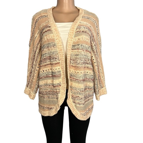 Chicos Open Front Knit Cream and Pink Cardigan - Picture 1 of 8
